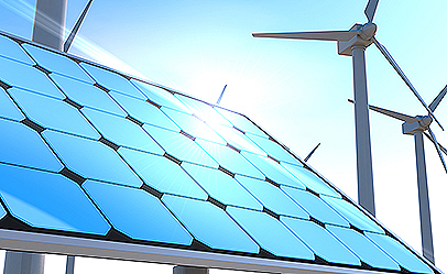 Wind turbines and solar panels. Blue sky background. 3D rendering Wind turbines and solar panels. Blue sky background. 3D rendering
